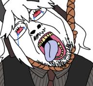 bloodshot_eyes clothes crying funamusea glasses hair hanging horn red_eyes reficul rope stubble suit tranny uniform variant:bernd white_background white_hair // 450x417 // 18.5KB