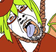 bloodshot_eyes clothes crying funamusea glasses green_hair hair hanging hat open_mouth red_glasses red_shirt rope stubble tranny variant:bernd white_background wing yosafire // 450x417 // 17.3KB