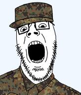 collared_shirt epaulettes flecktarn_pattern glasses larp looking_at_you military military_cap military_uniform soyjak stubble teeth variant:jazzson // 675x789 // 190.9KB