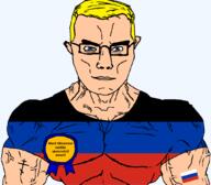 arm award blue_eyes buff christianity closed_mouth clothes donetsk eastern_orthodox flag flag:donetsk flag:russia glasses hair orthodox_cross russia seethe soyjak subvariant:chudjak_front subvariant:muscular_chud text transparent transparent_background tshirt ukraine variant:chudjak vein yellow_hair // 1059x929 // 48.0KB