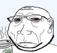 bloodshot_eyes coffee ear eyelids frown glasses small_eyes soyjak stubble subvariant:massjak subvariant:wholesome_soyjak tired variant:gapejak wrinkles // 563x518 // 19.2KB