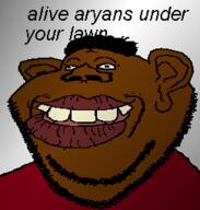 black_skin clothes ear hair lips nigger opposite red_shirt smile soyjak stubble subvariant:impish_tyrone teeth variant:impish_soyak_ears // 243x255 // 21.0KB