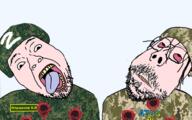 2soyjaks blood bloodshot_eyes camouflage clothes cyrillic_text distorted emr_pattern frown glasses hair helmet military mustache oink open_mouth russia russo_ukrainian_war soyjak stubble subvariant:scholar text tongue ukraine variant:gapejak white_skin yellow_teeth z_(russian_symbol) // 1565x977 // 1.1MB