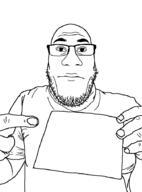 bald balding closed_mouth clothes glasses hand holding_object neutral pointing sign soyjak stubble template tshirt variant:nuplier white_background // 676x913 // 9.7KB