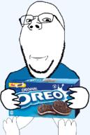 blue_shirt box cookie holding_object oreo sitting subvariant:wholesome_soyjak variant:gapejak // 413x613 // 106.9KB