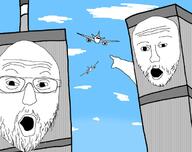 2soyjaks 9_11 airplane arm building drawn_background glasses hand mustache objectsoy open_mouth soyjak stubble united_states variant:two_pointing_soyjaks // 680x538 // 220.3KB