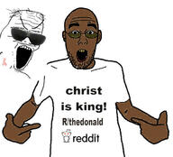 angry arm balding boomer brown_skin christianity ear glasses green_hair hand logo mustache open_mouth pointing reddit snoo soyjak stubble sunglasses variant:shirtjak vein yellow_teeth // 618x559 // 73.7KB