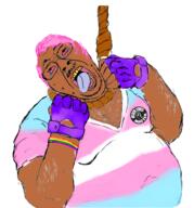 ack black_lives_matter bloodshot_eyes brown_skin crying flag flag:transgender_pride_flag gay glasses glove hanged hanging lgbt meta:tagme mucus open_mouth pink_hair rainbow rope soyjak stubble suicide tongue tranny troon variant:bernd yellow_teeth // 1432x1536 // 392.1KB