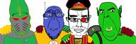 4soyjaks chud_troon_alliance closed_mouth clothes commissar cyborg ear eldar fangs friendship gem glasses hair hand happy hugging no_more_brother_wars ork pointy_ears red_eyes smile soyjak stubble subvariant:chudjak_front tau tranny variant:bernd variant:chudjak variant:cobson variant:feraljak variant:impish_soyak_ears warhammer // 3282x1078 // 380.9KB