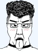 ahegao blush collar cross_eyed glasses hair maga open_mouth soyjak subvariant:chuddy tongue variant:chudjak zoomer // 490x700 // 159.3KB