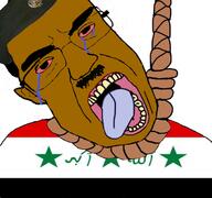 baathism beret bloodshot_eyes brown_skin clothes country crying ear flag glasses hanging hat iraq mustache open_mouth rope saddam_hussein soyjak star stubble subvariant:patrick tongue variant:chudjak yellow_teeth // 693x650 // 276.5KB