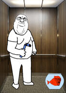 2soyjaks animal animal_abuse drinking_straw elevator fat fish fish_tank glasses scared soyjak stubble subvariant:soyak_(concerned) variant:chugsjak variant:soyak water // 962x1352 // 889.7KB