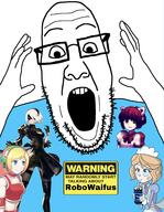 2b arm blue_eyes cave_story clothes curly_brace dorothy_haze emmy_the_robot glasses hand nandroid nier_automata open_mouth people's_populist_press robot soyjak stubble text va-11_hall-a variant:ppp yellow_hair // 2041x2629 // 892.5KB