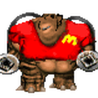 animated brown_skin doom doom_(game) ext=gif full_body gore mancubus_(doom) mcdonalds red_shirt subvariant:impish_amerimutt transparent_background variant:impish_soyak_ears // 104x79 // 20.6KB