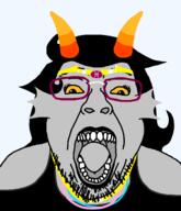 clothes eyelashes feferi_peixes fish glasses goggles grey_skin hair homestuck horn lips lipstick makeup open_mouth sharp_teeth soyjak stubble tongue troll_(homestuck) variant:bernd yellow_sclera zodiac // 1200x1400 // 55.6KB