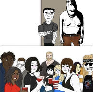 angry asian beard buff chad disgusted female multiple_soyjaks muscles nerd party subvariant:hornyson subvariant:unbotheredchud variant:cobson wojak woman yellow_hair // 1170x1154 // 229.5KB