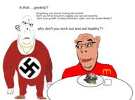 amerimutt blond blue_eyes buff ear flag:nazi_germany goyslop hamburger mcdonalds mutt nazi_germany nazism spongebob_squarepants stubble subvariant:blobson subvariant:hornyson subvariant:nucob swastika text trend:aryan variant:cobson zogslop // 1893x1400 // 364.1KB