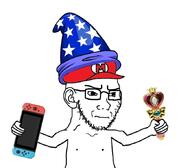 arm closed_mouth clothes concerned ear frown glasses hand hat holding_object magic_stick mario mario_hat nintendo nintendo_switch soyjak stubble variant:soyak video_game wizard_hat // 872x763 // 92.9KB