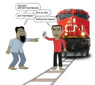 comic dark_skin dialogue hindu imminent_death indian meme phone pointing pointing_finger rail railroad selfie speech_bubble train variant:chudjak variant:markiplier_soyjak2 // 1280x1137 // 188.8KB