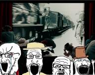 1896 4soyjaks black_and_white clothes crying distorted glasses hand hands_up hat irl_background l'arrivée_d'un_train_en_gare_de_la_ciotat lumiere_brothers movie scared stubble subvariant:wewjak top_hat train variant:a24_slowburn_soyjak variant:markiplier_soyjak variant:soyak // 1172x928 // 943.6KB