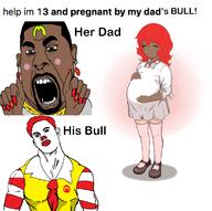 artist:romanian_schizo big_ronald_cock black_skin blush brc bwc clothes earring facial_mark forehead_mark hair kanye_west mcdonalds necklace nose_piercing open_mouth painted_nails pregnant ronald_mcdonald soyjak subvariant:slutson tshirt variant:cobson // 1166x1161 // 575.9KB
