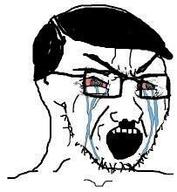 adolf_hitler angry bloodshot_eyes crying glasses hair mustache open_mouth soyjak stubble variant:soyak // 203x220 // 10.0KB