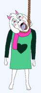 ack animal bloodshot_eyes crying dead deltarune ear fangs full_body furry glasses goat hanging heart horn ralsei_(deltarune) rope scarf soyjak suicide sweater tongue tranny variant:bernd video_game yellow_teeth // 1197x2709 // 59.1KB