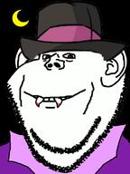 barneyfag blood clothes don_turtelli ear hat night red_eyes sharp_teeth smile soyjak stubble vampire variant:impish_soyak_ears // 598x800 // 105.5KB