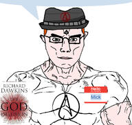 atheism fedora mick_(namefag) name_tag richard_dawkins speech_bubble speech_bubble_empty subvariant:muscular_chud the_god_delusion variant:chudjak // 1059x1000 // 425.8KB