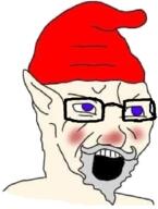 beard blush clothes ear glasses gnome grey_hair hat mustache open_mouth pointy_ears purple_eyes soyjak variant:soyak white_skin // 685x906 // 119.8KB