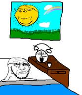3soyjaks alarm_clock angry bed bedroom closed_mouth cloud distorted drawn_background frown glasses grass hill open_mouth punisher_face rainbow room smile soyjak stretched stubble subvariant:wholesome_soyjak sun teeth teeth_showing variant:gapejak variant:markiplier_soyjak variant:soyak window // 504x584 // 49.3KB