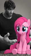 beard buff clothes crying gemini grey_skin greyscale hair hugging meta:ai_generated my_little_pony nas:gigachad pinkie_pie pony // 720x1280, 8s // 2.6MB