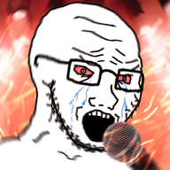 bloodshot_eyes crying fire glasses microphone open_mouth singing soyjak stubble variant:soyak // 782x758 // 619.7KB