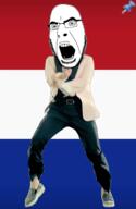 animated country dance flag full_body gangnam_style glasses irl netherlands open_mouth push_pin soyjak sticky stubble variant:cobson // 300x460 // 322.6KB