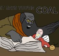 baby beard book classical_art_parody food fruit glasses grey_skin hand pacifier pointing soot soot_colors soyjak_party stubble subvariant:wholesome_soyjak text variant:gapejak variant:impish_soyak_ears // 780x749 // 138.8KB