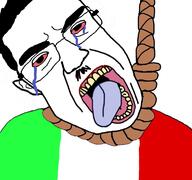 bloodshot_eyes crying dead ear flag:italy glasses hanging italy open_mouth rope soyjak subvariant:patrick suicide variant:chudjak // 768x719 // 301.0KB