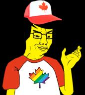 arm asian baseball_cap canada clothes country flag flag:canada gay glasses hair hand hat lgbt small_eyes smile smug soyjak tshirt variant:chudjak yellow_skin // 800x900 // 208.1KB