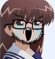 anime bloodshot_eyes brown_hair clothes crying ear glasses mahoraba open_mouth soyjak stubble tamami_chanohata variant:unknown white_skin // 453x482 // 207.0KB