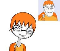 badge blue_eyes foid_brimstone he_will_always_be_a_gem ongezellig orange_hair smile smirk variant:feraljak zach zartycuck zwabag // 1280x1090 // 303.3KB