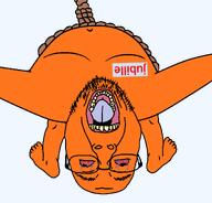 ack arm bald bloodshot_eyes crying eyebrows foot full_body glasses hanging jubille_(user) leg name_tag nose open_mouth orange_skin rope stubble subvariant:spineacked_bernd suicide teeth text tongue transparent_background upside_down variant:bernd wrinkles yellow_teeth // 1205x1152 // 98.9KB