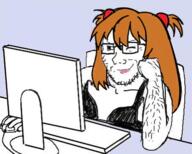 anime arm closed_mouth clothes computer computer_mouse female glasses hair hair_ornament hairy hand holding_object interface_headset lipstick makeup neon_genesis_evangelion orange_hair sitting sleeveless_shirt smile smug souryuu_asuka_langley soyjak stubble variant:soyak wink // 448x360 // 169.1KB