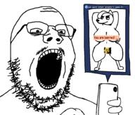 angry animal arm bloodshot_eyes breasts camwhore canine censored clothes crying dog e621 ear eye_bags furry glasses hand holding_object janny mustache nsfw open_mouth penis phone pointing soyjak stubble text variant:chudjak variant:gapejak whore yellow_skin // 941x800 // 48.2KB