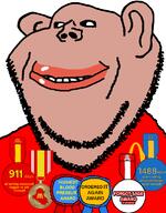 911 1488 amerimutt award black_sclera brown_skin clothes ear faggot kfc lips mcdonalds medal mutt obsession or_whatever red_shirt ribbon sage smile soyjak stubble subvariant:impish_amerimutt text variant:impish_soyak_ears walmart // 598x766 // 103.2KB