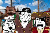 3soyjaks banana clothes ear glasses hat irl_background open_mouth pirate pirate_hat sailor ship smile soyjak stubble variant:angry_soyjak variant:ishish_soyak_ears variant:soydoz // 1023x682 // 693.9KB
