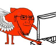 anger_mark animal arm closed_mouth computer fish frown full_body glasses hand incomprehensible_woahjack irritated red_skin screen soyjak stubble subvariant:soyak_(irritated) typing variant:soyak wing // 1001x799 // 293.1KB