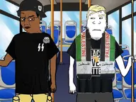 2soyjaks africa black_lives_matter blond brown_skin bus clothes collar combat_helmet confused looking_at_each_other nazism palestine pole schutzstaffel seat totenkopf variant:chudjak variant:markiplier_soyjak // 1079x810 // 189.9KB