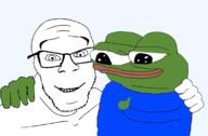amphibian clothes friendship frog glasses green green_skin grin hand hugging nas:pepe no_more_brother_wars pepe_the_frog smile soyjak stubble subnas:apu thumbs_up tshirt variant:feraljak // 1703x1119 // 412.7KB