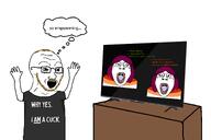 3soyjaks arm black_shirt bloodshot_eyes brown_hair brown_stubble clothes coomer cuck cuckold dyke eyebags female flag:lesbian_pride_flag full_body gooner hair lesbian looking_at_each_other moustache pink_hair rotten_teeth subvariant:bridget sweating table tear television text thought_bubble tired tongue toss variant:bernd variant:gapejak variant:soyak white_skin // 1500x1000 // 75.5KB