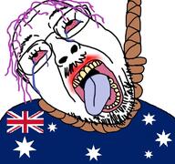 australia bloodshot_eyes crying flag flag:australia glasses hair hanging mustache open_mouth purple_hair rope soyjak star_(symbol) stubble suicide tongue tranny variant:bernd yellow_teeth // 768x719 // 153.2KB