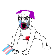 angry animated blood bloodshot_eyes crying flag glasses hair holding_flag holding_object monkey_dance neovagina open_mouth purple_hair shaved soyjak tranny variant:chudjak // 570x570 // 144.5KB